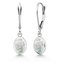 Gem Stone King 925 Sterling Silver White Simulated Opal Drop Dangle Leverback Earrings for Women (2.00 Cttw, Gemstone October Birthstone, Oval Cabochon 8X6MM)