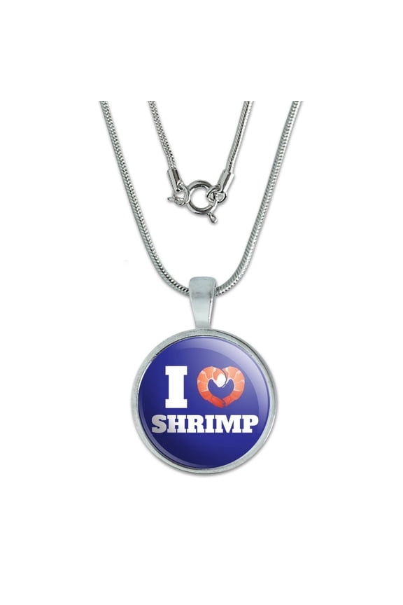 I Love Shrimp with Heart 0.75" Pendant with Sterling Silver Plated Chain