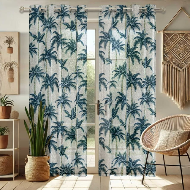 Vargottam Palm Tree Print Sheer Georgette Curtains for Windows & Small Doors - Set of 2 Panels, 72" Long, Grommet Top, Printed Light Filtering Drapes for Living Room or Study