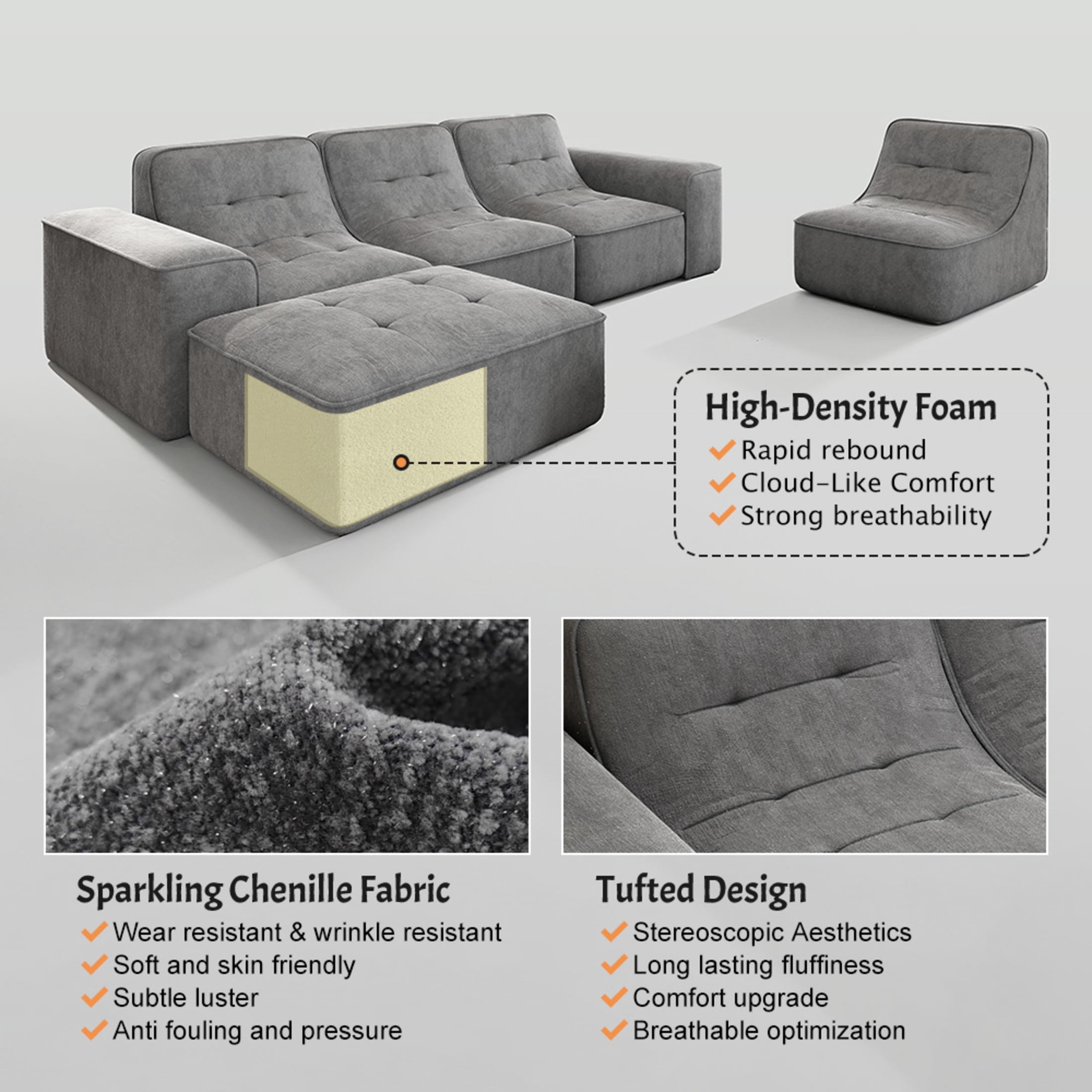 Noble House 144" Modular Sectional Sofa, Tufted Sparkling Chenille Deep Seat Couch with Ottoman, Accent Chair, Gray