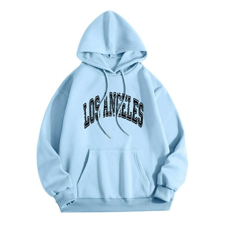 Dtydtpe Los Angel Men Women Letter Graphic Hooded Print Round Neck Long Sleeve Sweatshirt Tops Light Blue M