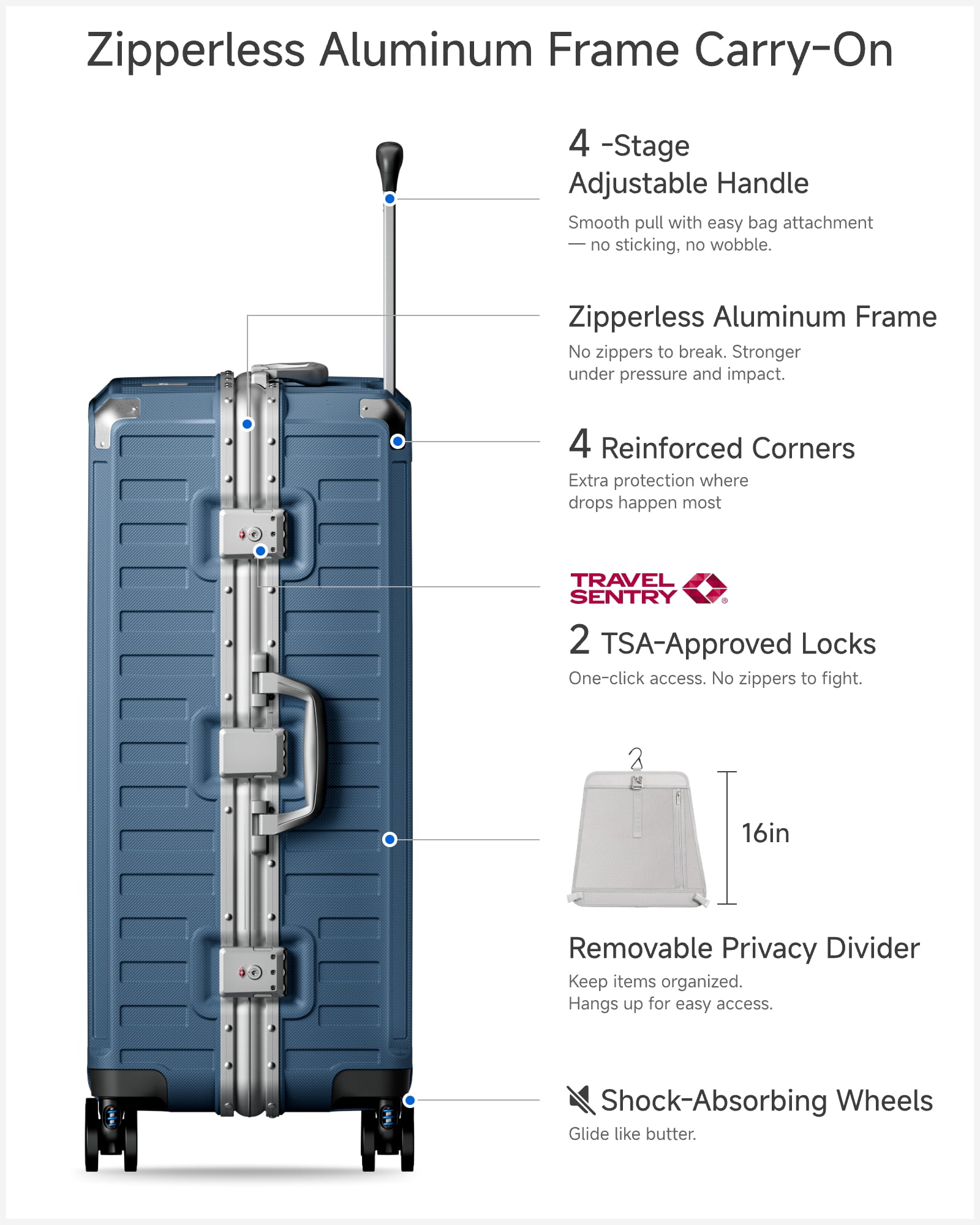28" Large Checked Zipperless Aluminum Polycarbonate Luggage, Blue, ZX-Core