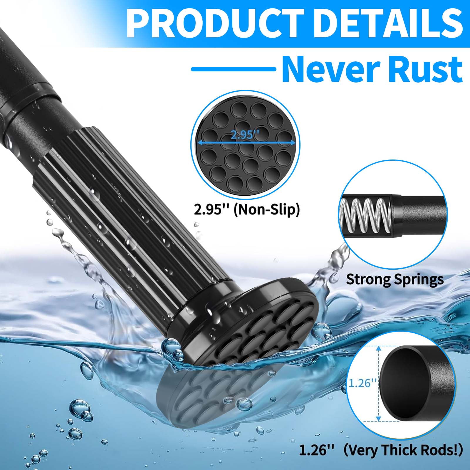 Ktinnead Tension Curtain Rod 51-128in, Extra Long Curtain Rods No Drilling for Window Bathroom Patio, Adjustable Spring Shower Curtain Rod, Rod Diameter 1.26in-Black