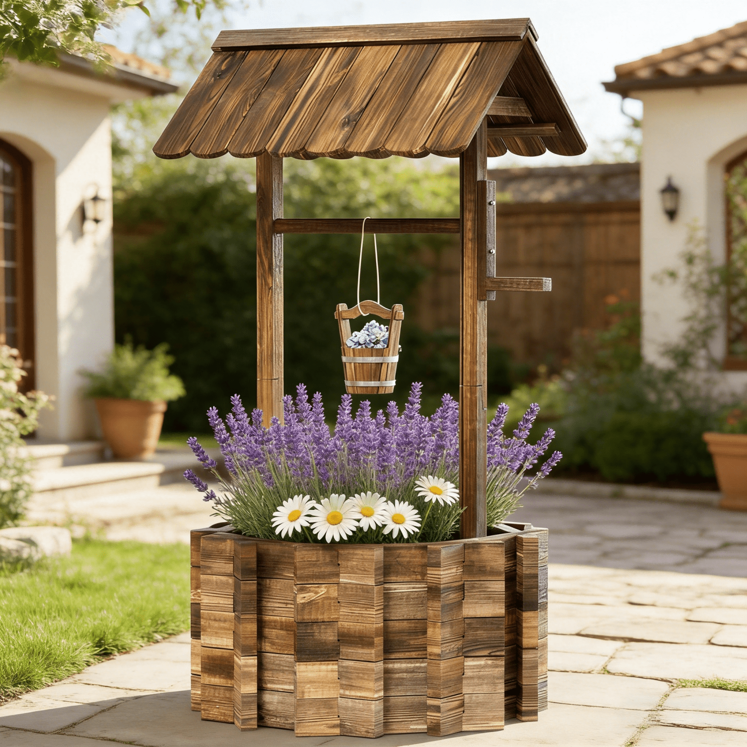 BaPiPro 25" Big Wishing Well Planter, Wooden Garden Flower Planter with Hanging Bucket, Patio Garden Backyard Home Decor, Rustic Brown