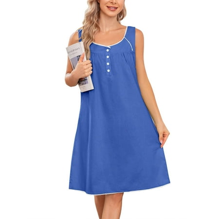 

Haite Ladies Sleep Dress Sleeveless Nightgown Tank Sleepwear Nightshirt Night Gowns Nightdress V Neck Pajamas Dresses Blue L
