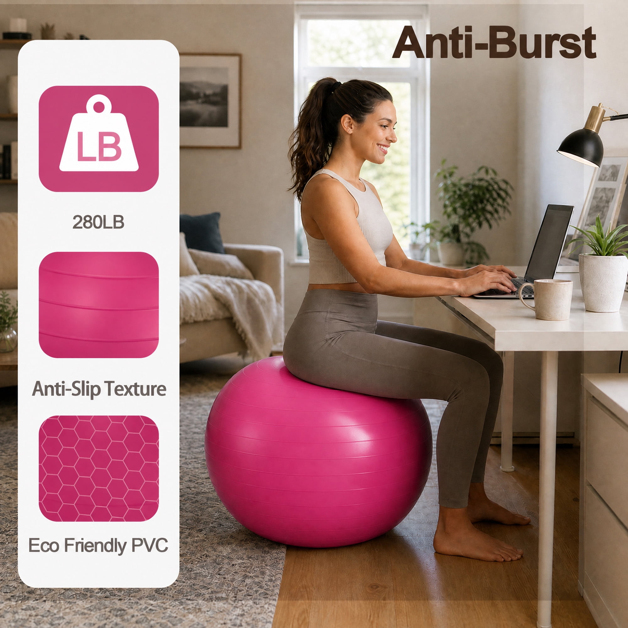 Signature Fitness 85 cm Yoga Exercise Ball with Foot Pump, Anti-Burst Slip-Resistant Stability Ball for Pregnancy, Pilates, Fitness, Balance & Core Workouts, Pink