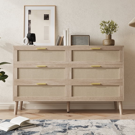 Natural Rattan & Oak 6-Drawer Dresser, 47" Farmhouse Chest of Drawers with 5 Solid Wood Legs for Bedroom, Living Room or Entryway