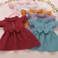 thumbnail image 4 of Toddler Baby Girl Solid Color Ruffled Collar Fly Sleeve Bow Dress, 4 of 6