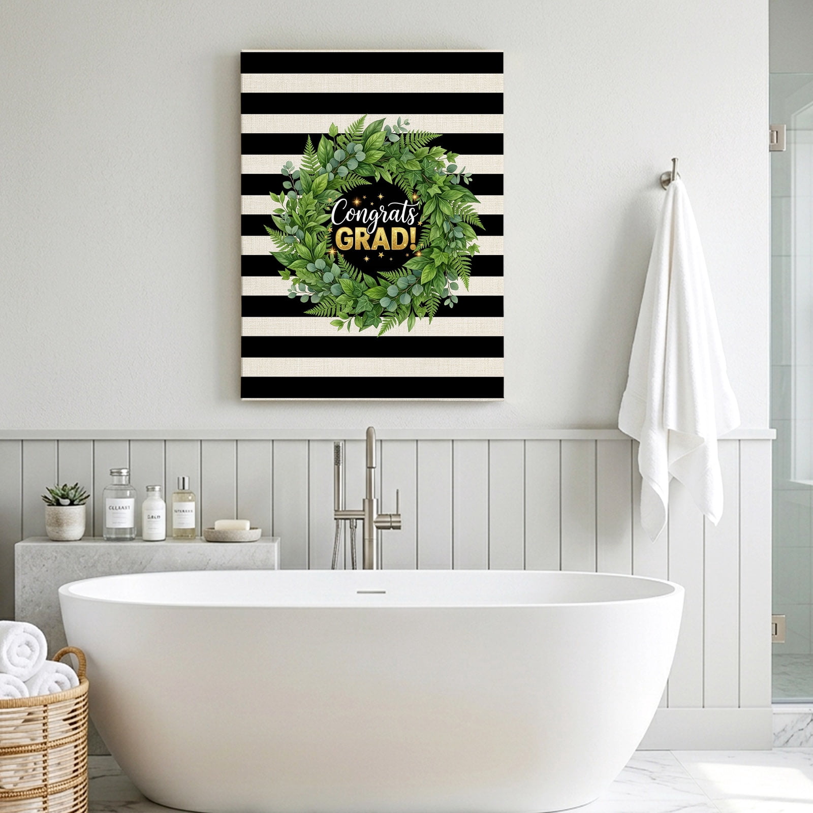 Graduate Season Canvas Wall Art for Living Room, Congrats Grad Bachelor's Cap Leaf Wreath Black Stripes Wall Decor Framed Artwork Pictures Ready to Hang for Bedroom Office Home Decor