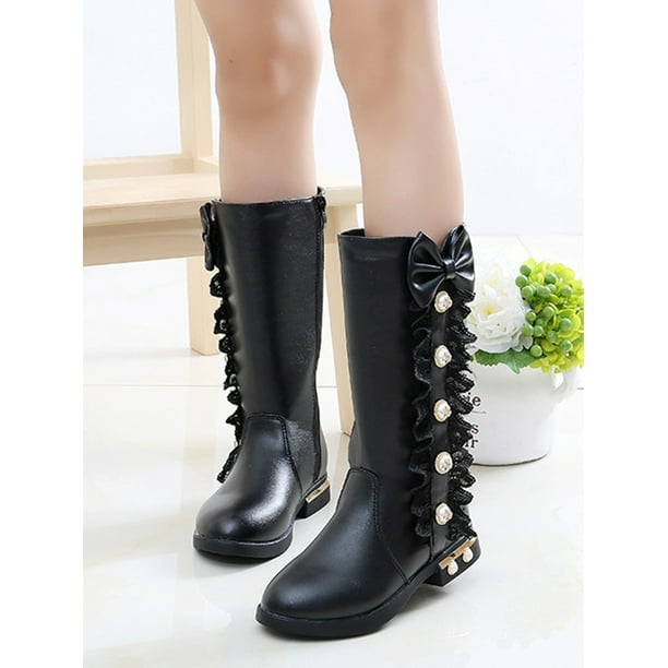 MAWCLOS Girls Knee High Boots Side Zipper Winter Warm Shoes Waterproof Low Heel Snow Boot Plush Lined Outdoor Princess Shoe Black Plush Lined