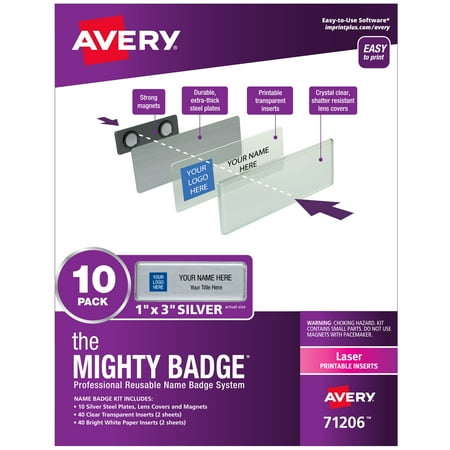 UPC: 0077711712065 | The Mighty Badge by Avery Professional Reusable Name Badge System  Silver  1  x 3  ID Badges  10 Durable  Reusable Name Tags  80 Inserts for Laser Printers (71206)