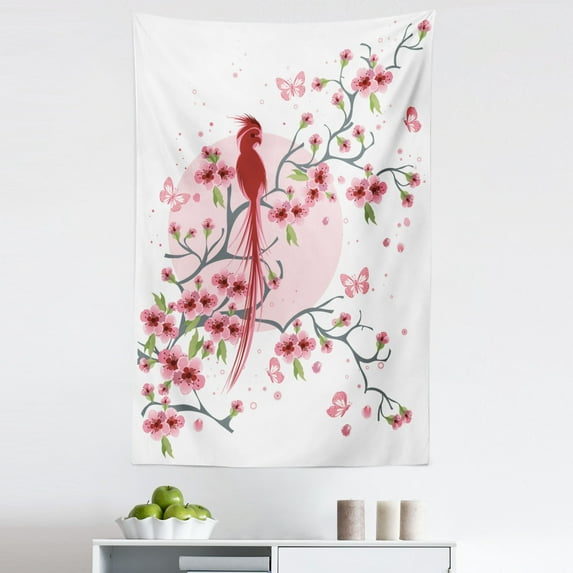 Animal Tapestry, Mythical Long Lived Phoenix Bird on Floral Sakura Branch Looking Back Art, Fabric Wall Hanging Decor for Bedroom Living Room Dorm, 5 Sizes, Pink, by Ambesonne