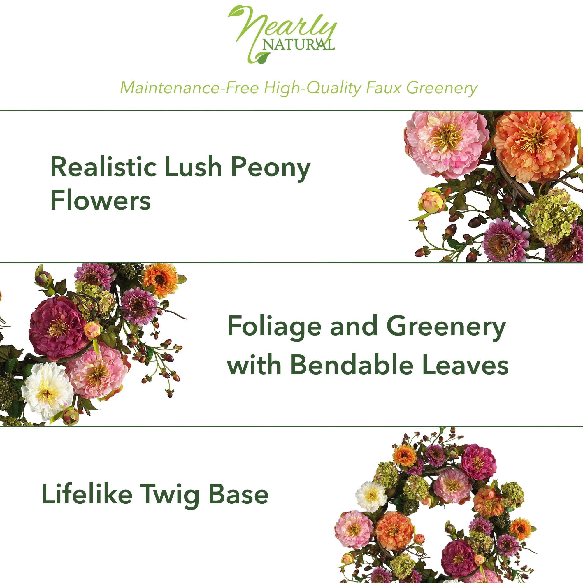 Nearly Natural 24" Peony Wreath