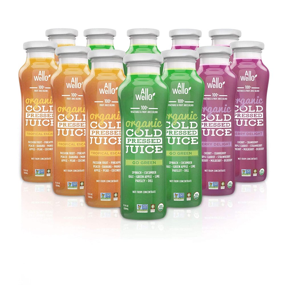 AllWellO Mix of Organic Cold Pressed Juice Drinks with Real Fruits and