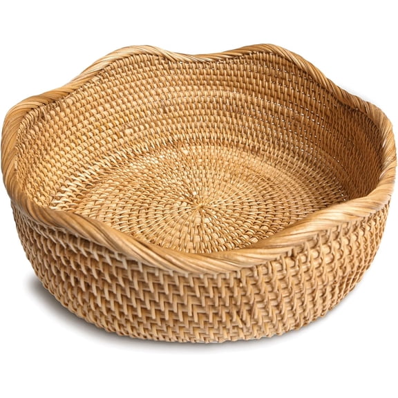 XIBUFE 10.2 Inch Round Wicker Basket, Handwoven Rattan Bread Baskets for Serving, Natural Fruit Bowl for Kitchen Counter, Decorative Storage Bowl, Rustic Centerpiece, Honey Brown