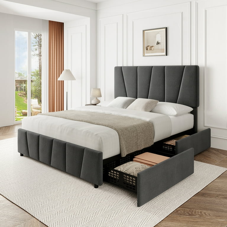 Garvee King Bed Frame with Adjustable Headboard and 4 Storage Drawers Upholstered Platform Bed Frame King Size with Wooden Slats Support No Box