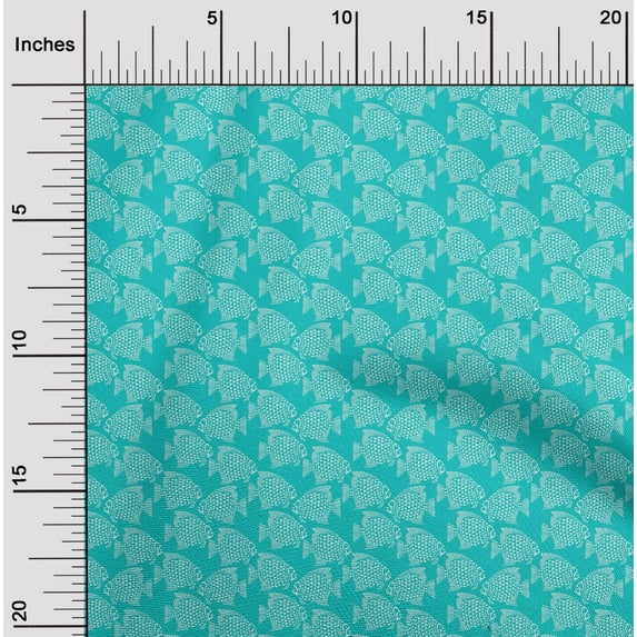 oneOone Organic Cotton Poplin Twill Fabric Fish Block Printed Fabric 1 Yard 42 Inch Wide