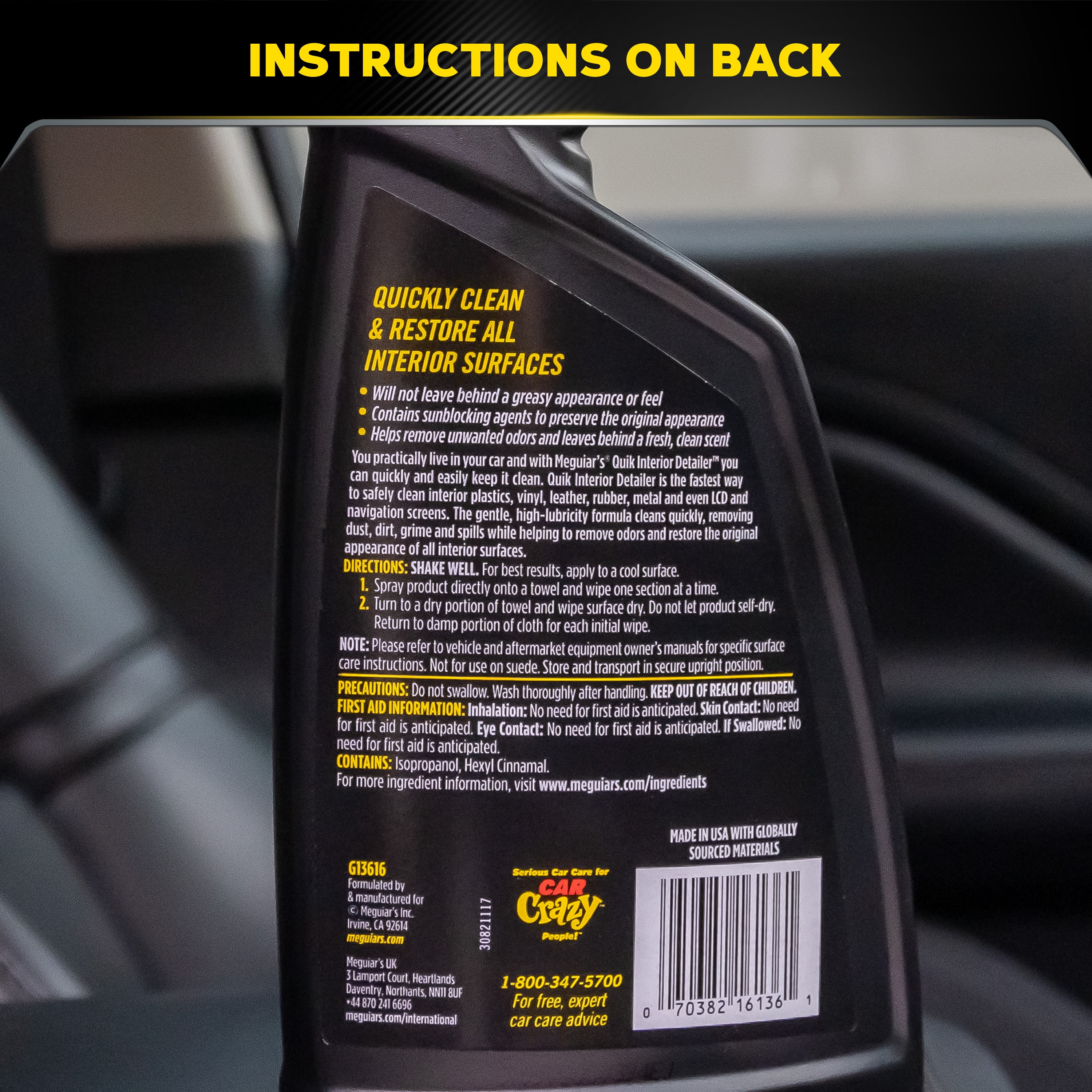 Meguiar's Quik Interior Detailer Cleaner, Quick Detailer Spray Cleans and Refresh Car Interiors, Use on Plastics, Leather & Rubber, Dashboards, Trim in Cars, Trucks & SUVs - 16 fl oz Spray Bottle
