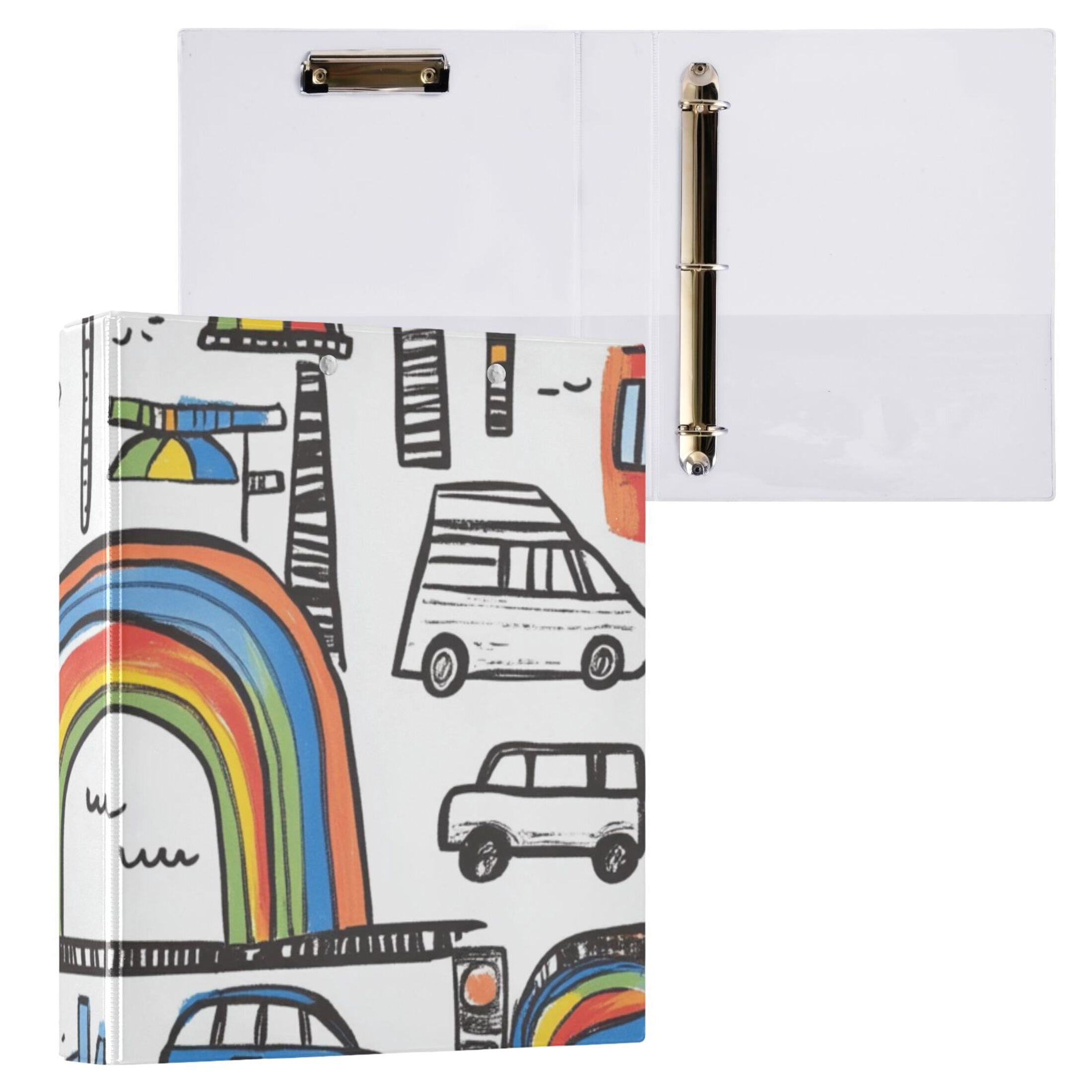 Cars Doodle Rainbows 3 Ring Binders 1.5 inch Hardcover File Folders with Interior Pockets A4 Size Organizer for School Office Hospital