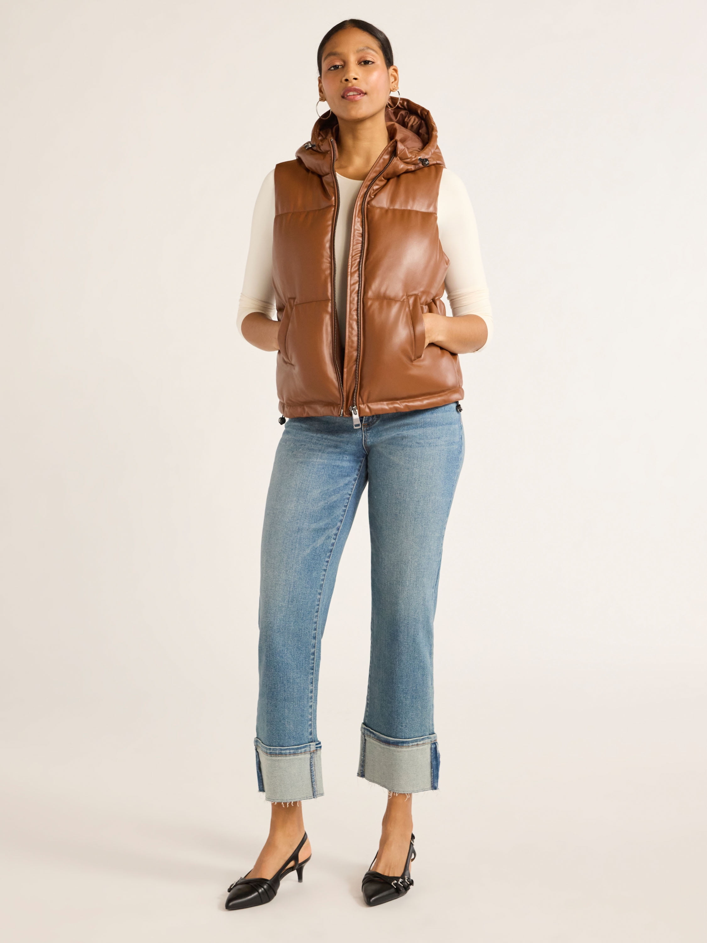 Scoop Faux Leather Hooded Puffer Vest XS-XXL - Walmart.com
