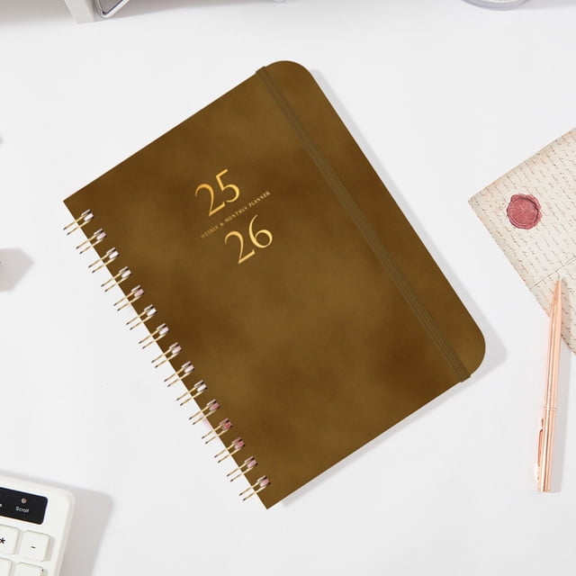 Faux Leather A5 Schedule Planner for 2025-2026, Paper Material with Thick Pages, Loop Bound for Flat Writing, Portable Design for Work or School, Durable Cover for Daily Use