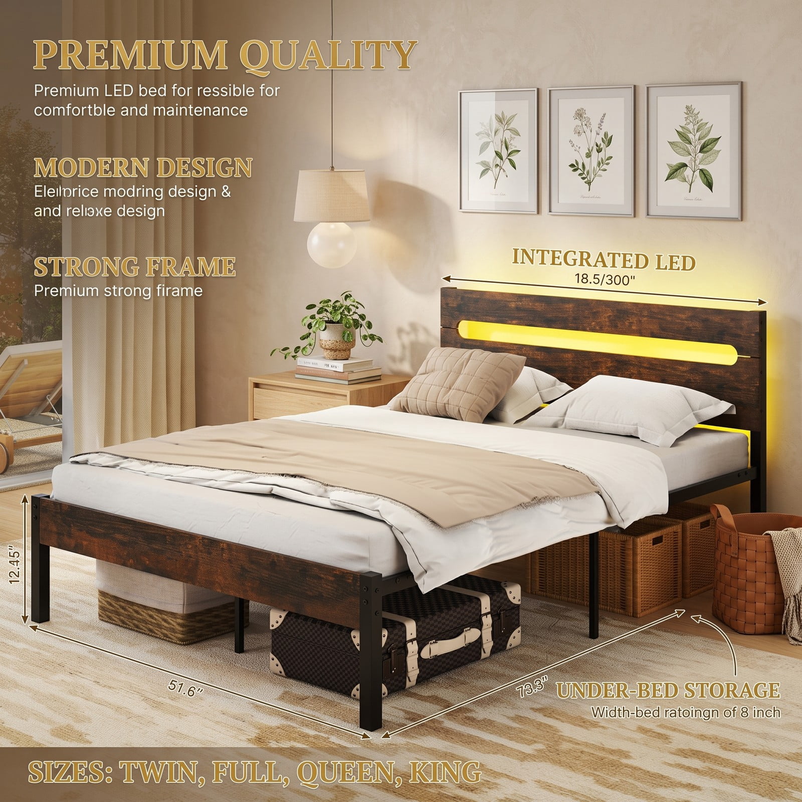 Furnibear Full Size Bed Frame Metal Platform Bed Frame with LED Lights Wood-Grain Headboard and USB Charging Station, Rustic Brown