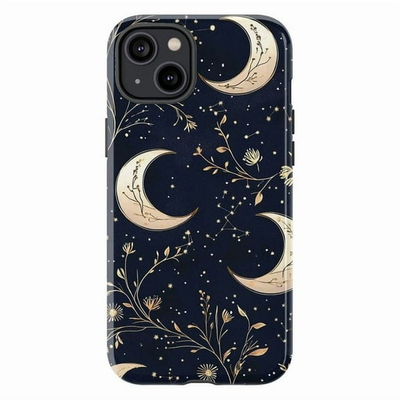 Celestial Moon & Stars Phone Case – Midnight Blue with Gold Floral Constellations Phone Cover for iPhone 16 15 14 13 12 11 Pro Max