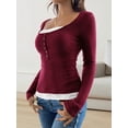 thumbnail image 5 of Lace Henley T-Shirts for Women Button Down Slim Fit Tops Long Sleeve V-Neck Tunic Top Blouse Wine Red S, 5 of 9