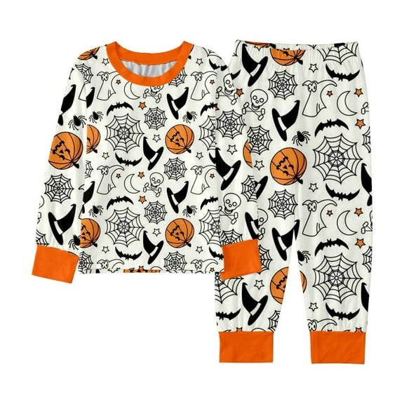 CAIVO Halloween Kids 2 Piece Pajama Sets For Girls And Boys Cozy Sleepwear O-Neck Long Sleeve T-Shirts Pants Pumpkin Bat Printed Nightwear