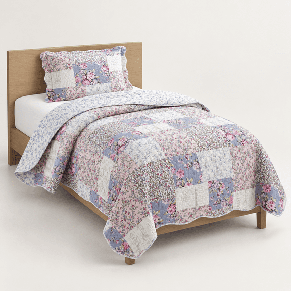 Blue & Pink Roses Toile Lively Patchwork Quilt Set