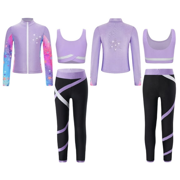 Raenseen Kids Girls 3Pcs Athletic Yoga Workout Sports Vest Bra Top Leggings Pants with Long Sleeve Light Purple 6