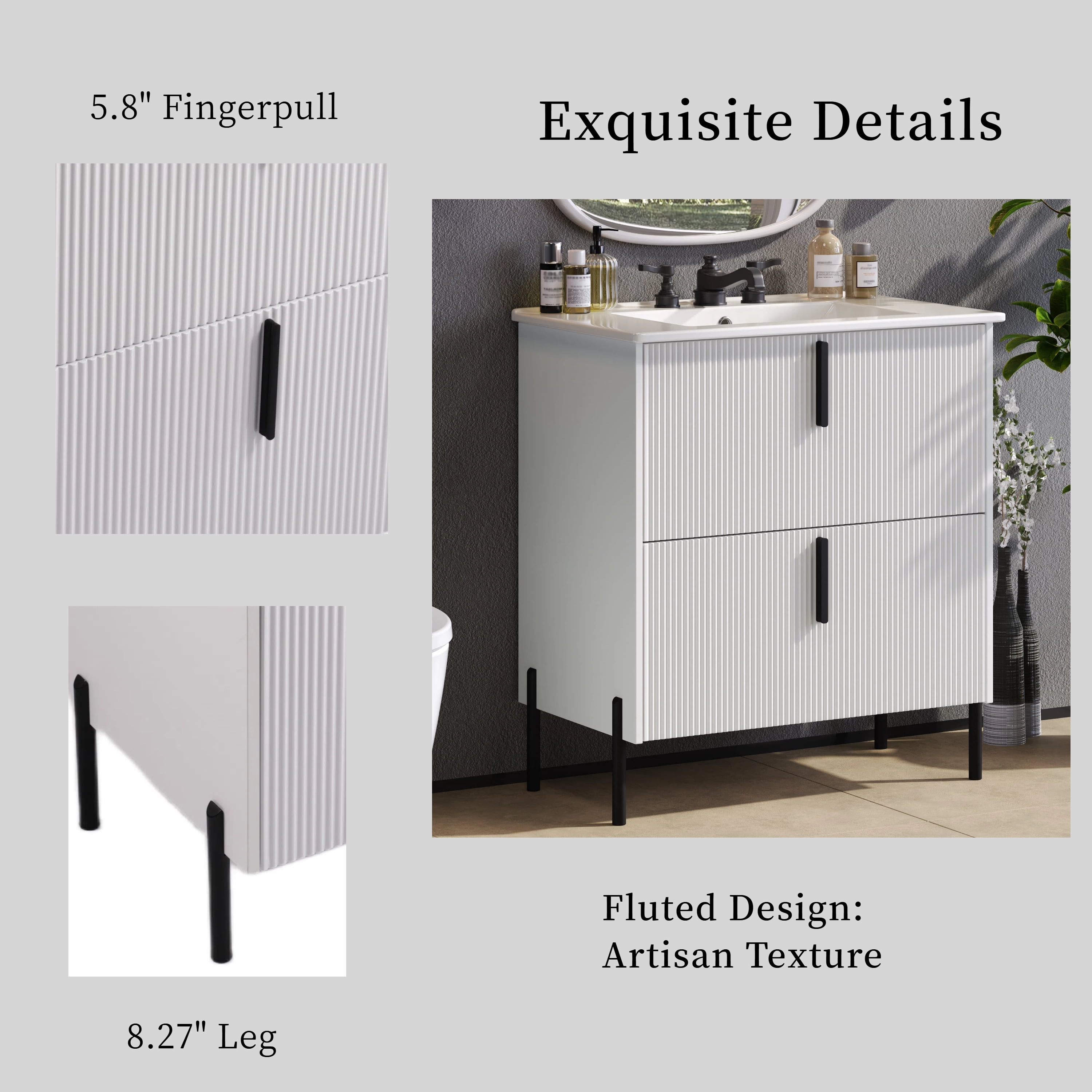 30" Bathroom Vanity with Ceramic Sink and Full-Extension Drawers, Soft Close Undermount Drawer Slides, Fluted Design, White