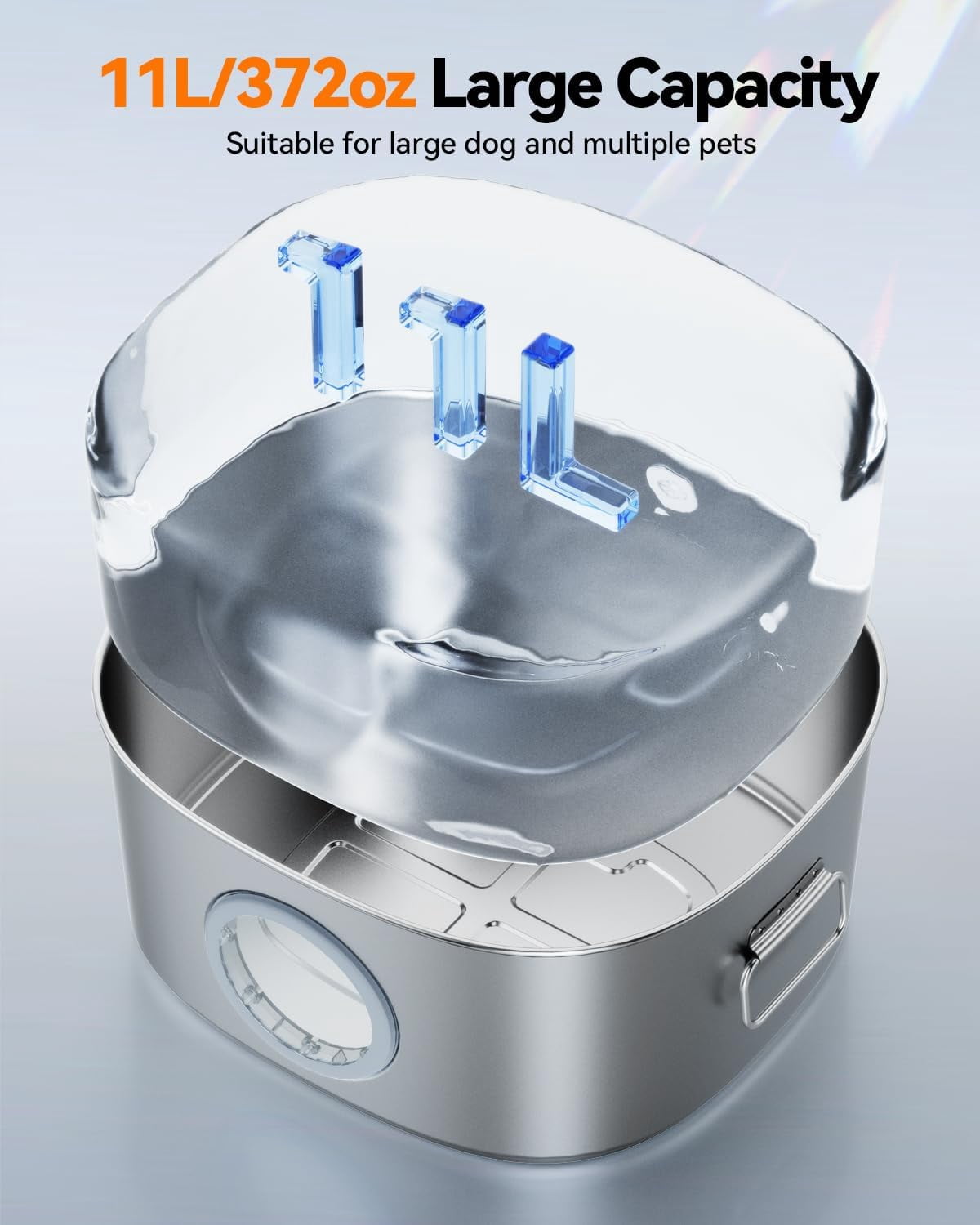 Large Capacity 11L/2.8Gal Stainless Steel Pet Water Fountain with Visible Window, LED Light & Ultra-Quiet Automatic Dispenser for Dogs and Multi-Pet Households