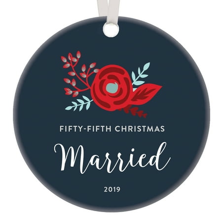 Merry 55 Year Anniversary Christmas Ornament 2019 Inscribed Wedding Memento Beautiful Vow Renewal Dated Small Item Family Holiday Golden Years Gift Best Folk Art Trinket Round Circle 3