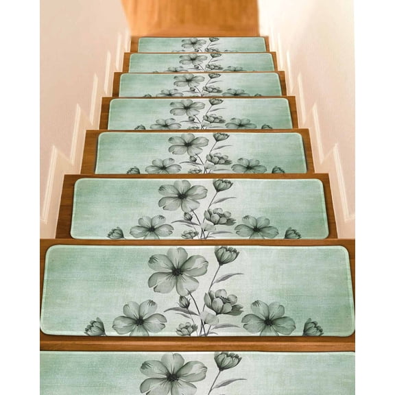 Stair Treads for Wooden Steps,Green Floral Peel and Stick Stair Treads with Adhesive,Country Rustic Ombre Painting Art Watercolor Non Slip Indoor Stairs Runner Rugs Mats for Elders Dogs 8"x30" 4PCS