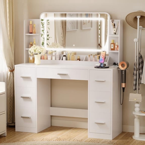 Homall Makeup Vanity Set with Mirror, Vanity Desk with LED Mirror & Charging Station, Vanity Table with Storage Drawers & Shelves for Bedroom Dressing Room, White