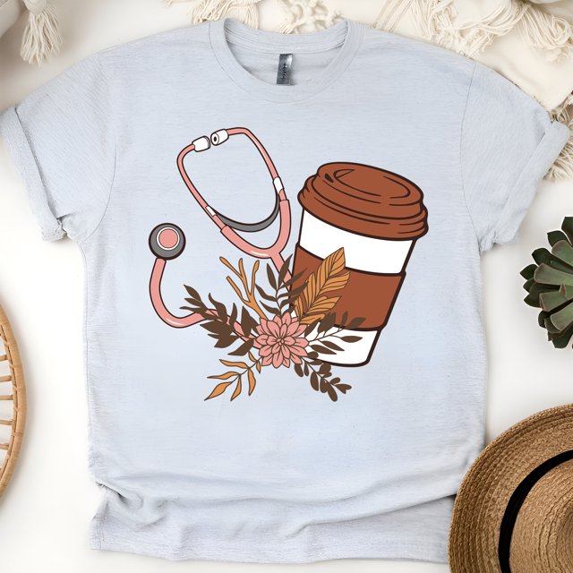 Nurse Graphic T-Shirt with Coffee Cup and Stethoscope Design, Ash, Size 2XL