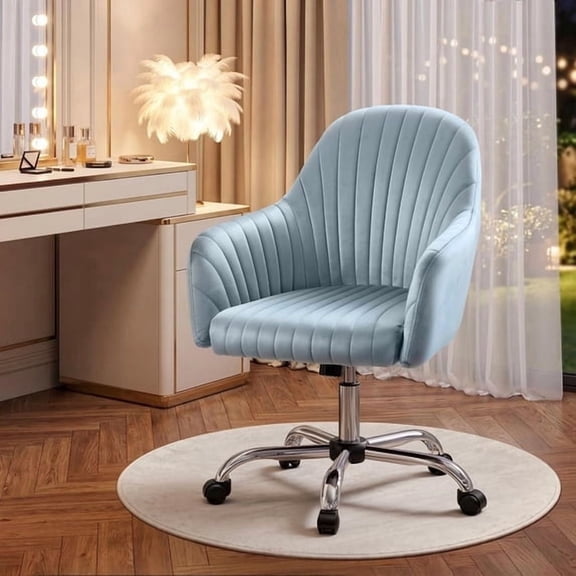 WarmieHomy Office Desk Chair, Velvet Vanity Chair, Comfy Home Office Computer Task Chair, Height Adjustable Rolling Chair with Thick Padded Seat, Dusk Blue