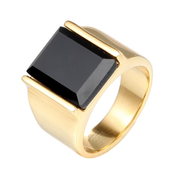 Mens Titanium Steel Ring European American Retro Obsidian Inlay Gold Plated Artificial Gem Semi Gem Steel Black Ring Jewelry Gift for Him