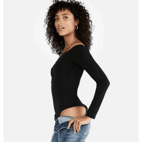 Express Black Cotton Long Sleeve Bodysuit Shirt Small