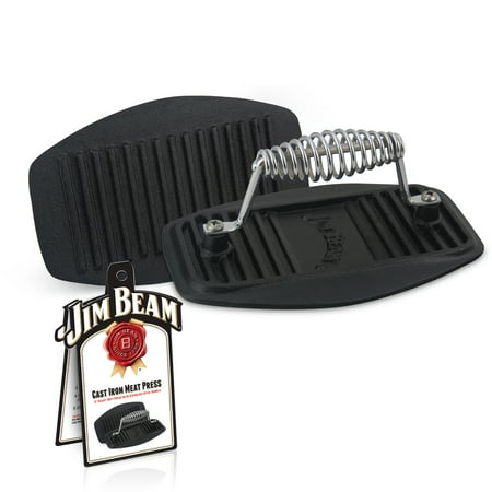 Jim Beam Barbecue and Grilling Meat Press, 9'' Cast Iron Meat Press, Pre-Seasoned Cast Iron Meat Press, Heavy Duty Construction, Stainless Steel Handle, Meat Press for Turkey, Steaks, Bacon &