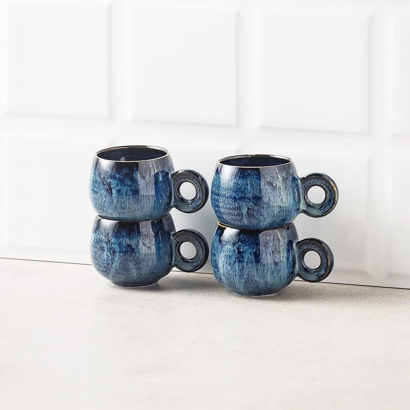 3 oz Ceramic Espresso Cups Set of 8, Porcelain Demitasse Cups with Handle, Mini Coffee Cups, Lead-Free, Reactive Glaze, Stackable, Royal Blue