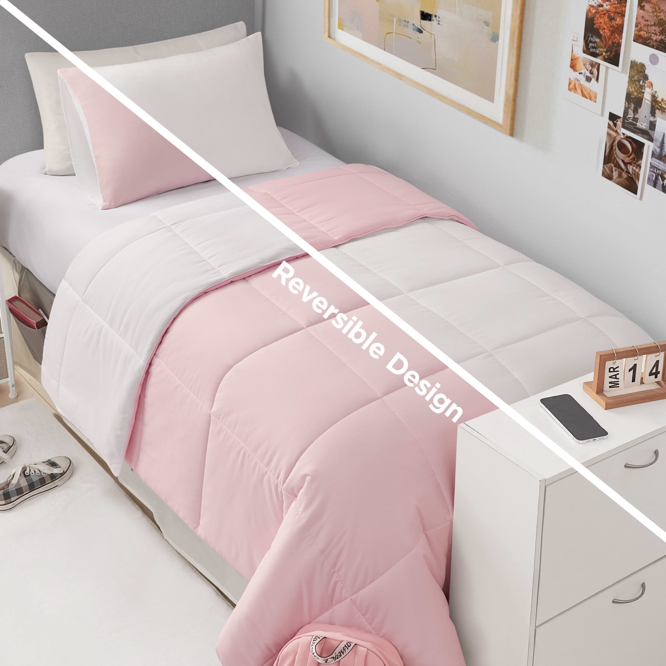 The Sheet Lab Reversible Box Stitch Comforter Set, 3-Piece Full/Queen – Light Pink/White