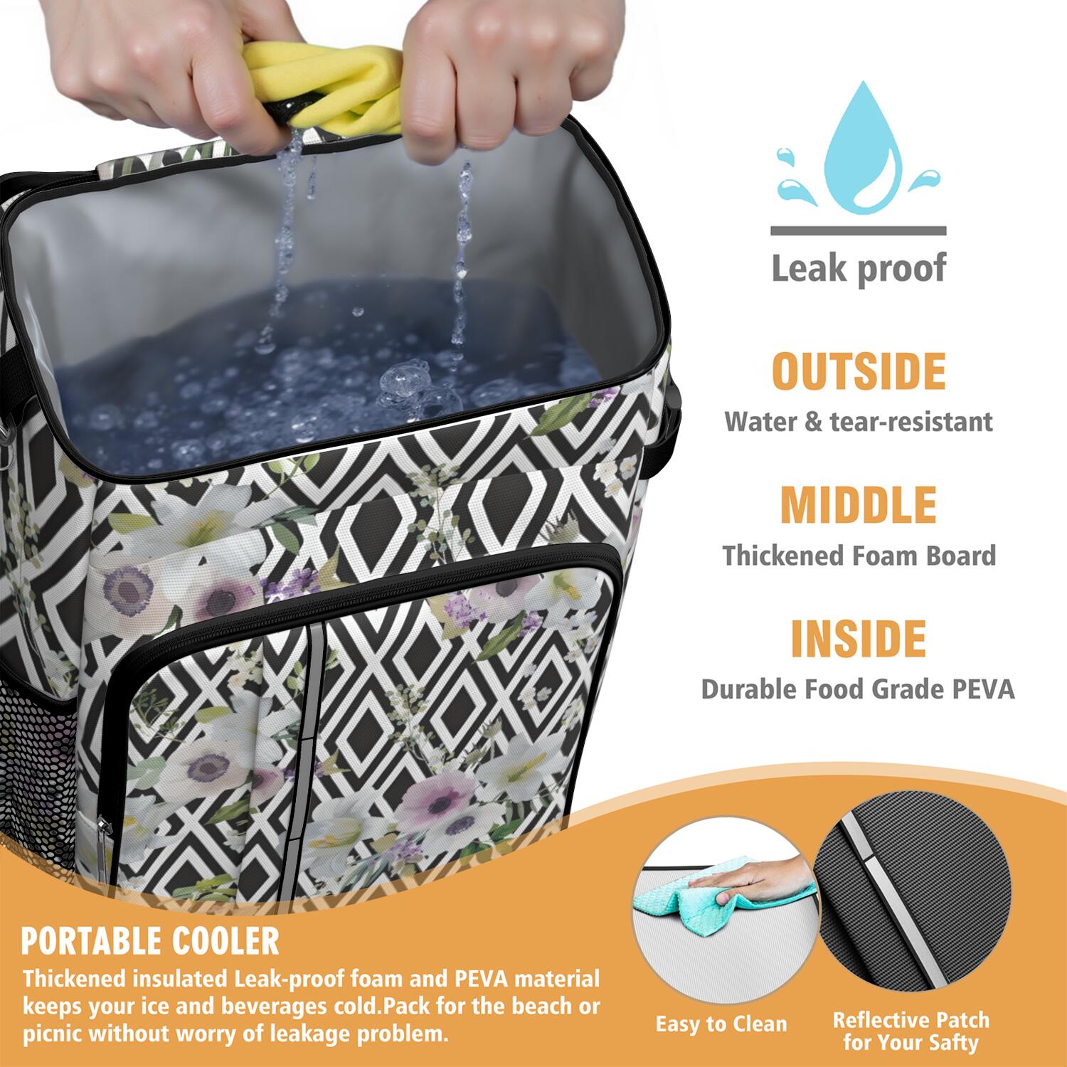 Travel Cooler Bag - Pioneer Flower Floral Print Pattern Camping Beer Cooler Backpack with Bottle Opener- Waterproof Insulated Picnic Backpacks - Cooler Bag for Beach