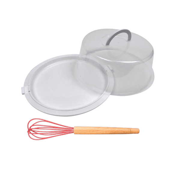 (2) Pack Bundle Reusable Plastic Cake Container (12 x 4.75 in) Red Silicone Whisk Wooden Handle Storage Kitchen Baking Set