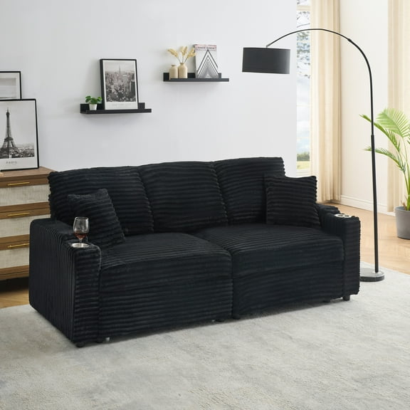 80-inch Black Corduroy Folding Sofa Bed with Cup Holder & Pillow - Convertible Chaise Lounge for Living Room - Easy Assembly