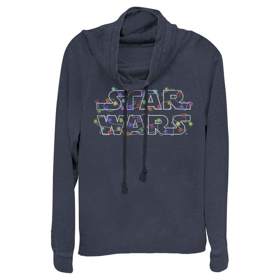 Junior's Star Wars Christmas Logo String Lights Cowl Neck Sweatshirt Navy Blue X Small