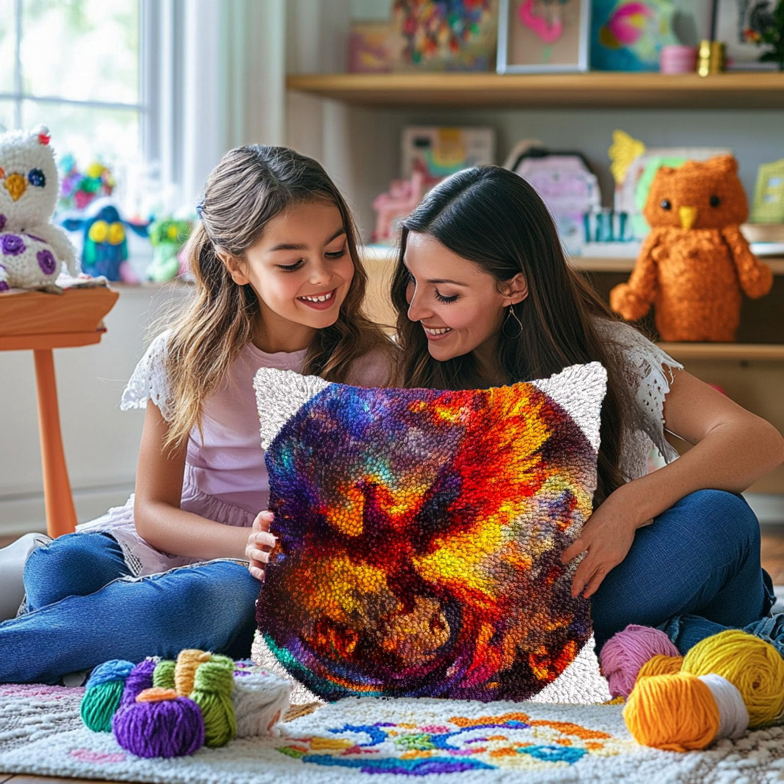 Red Bird Flying in Fire DIY Latch Hook Pillow Kits for Adults Printed Pillowcase Crochet Yarns Hooking Handmade Pillow Cover Cushion for Home Sofa Decoration 17x17inch(2)