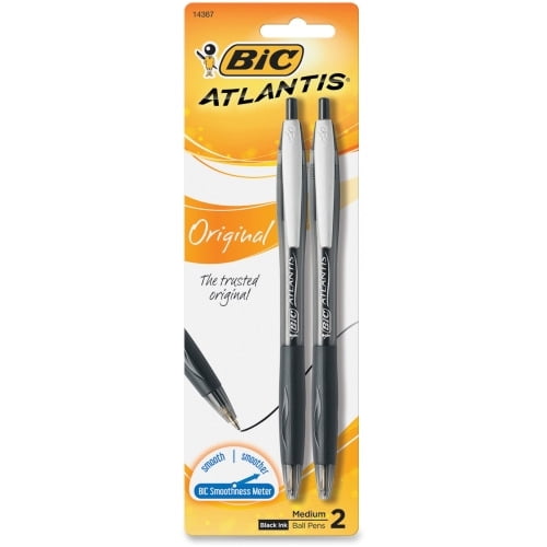 BIC Atlantis Ballpoint Pens Medium Pen Point - 1 mm Pen Point Size - Refillable - Retractable - Black - Blue Nickel Silver Barrel - 2 / Pack