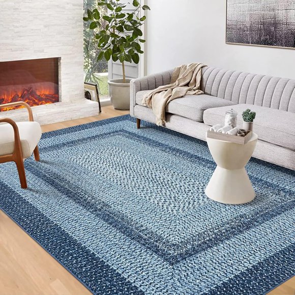 Tapis Lavable 9x12 Imprimé Tressé Moderne Doux Chambre Antidérapant Anti-Mue Tapis de Sol à Poils Courts Pliable Mince pour Salle à Manger Bureau à Domicile Garderie Bleu